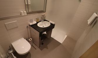 A modern bathroom with a sink, a toilet, and a shower cabin. The walls are light and the furnishings are simple and functional.