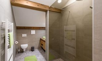 A modern bathroom with a walk-in shower and a bright, minimalist design. The walls are in neutral colors, complemented by green towels and rugs.