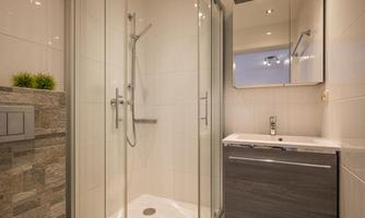 A modern bathroom with a spacious glass shower and an elegant sink combination. The walls are adorned with light tiles, and a small plant element adds a fresh touch.