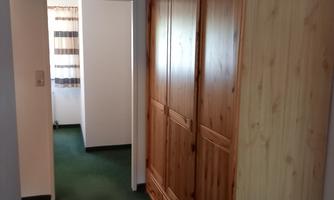 A hallway with a large wooden wardrobe on the right side. The floor is green and there is a door leading to another room.