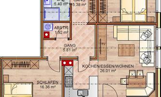 A modern apartment layout with various rooms. It features a bedroom, a bathroom, and a large living area with a kitchen.
