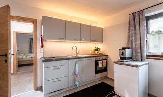 A modern kitchen with gray cabinets and a refrigerator. The light is warm and there is a small plant decoration on the countertop.