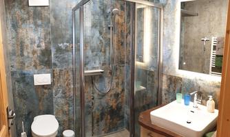 A modern bathroom with a shower, a toilet, and a sink. The walls are in a decorative blue.