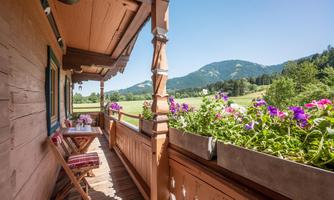 A cozy balcony with flowering plants and a wooden railing. In the background, a green landscape extends with mountains under a clear sky.