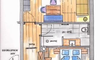 A sketched floor plan of a small apartment. It shows different rooms like the living room, bedroom, and bathroom with simple furniture.