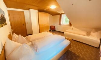A cozy bedroom with two single beds and an additional sofa bed. The walls are light, and there is a window overlooking nature.