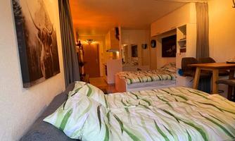 A cozy room with a large bed and a sofa bed. The walls are light, and there is an open kitchenette in the background.