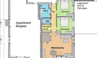 A floor plan of an apartment named "Bergsee". The layout shows various rooms such as bedroom, living kitchen, bathroom, and a terrace.