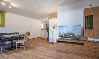 A modern living room with wooden flooring and cozy furnishings. A television is placed on a wooden cabinet, while a dining table with chairs is visible in the background.