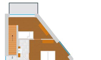 A floor plan of an apartment with an open living area, a bathroom, and a sleeping area. The space features hardwood floors and large windows.