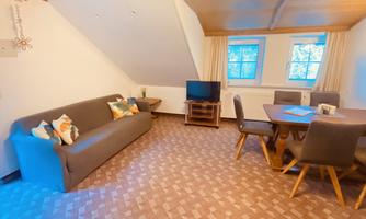 A cozy living space with a gray sofa, a dining table, and a television. Bright windows provide plenty of daylight.