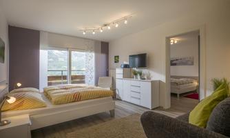 A modern bedroom with a double bed and a television. Large windows provide a beautiful view and plenty of natural light.