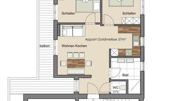 A floor plan of an apartment with two bedrooms, a living and kitchen area, and a bathroom. The balcony is also marked.