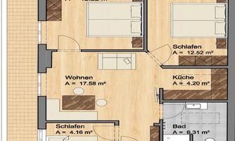 A floor plan of an apartment with three bedrooms, a living room, a kitchen, and a bathroom. The areas of the rooms are indicated.