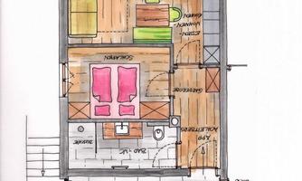 A colored floor plan drawing of a small apartment. It shows a living area, a bedroom, and a small kitchen.