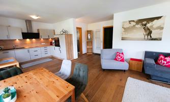 A modern apartment with an open kitchen and a cozy dining area. The living room features comfortable armchairs and a wooden table that creates an inviting atmosphere.