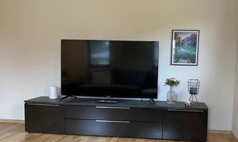 A modern living room with a large television on a low, black TV cabinet. On the cabinet are a decorative glass, a vase with flowers, and a picture on the wall.