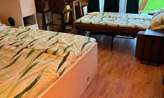 A cozy room with two beds and a dining table. Large windows offer a view into the greenery.
