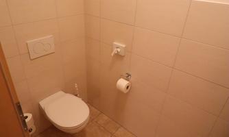 A small, simple bathroom with a toilet and tiled walls. The furnishings are straightforward and functional.