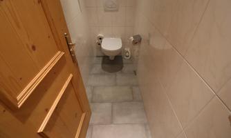 A small bathroom with a toilet and bright tiles. The wood paneling of the door gives the room a warm atmosphere.