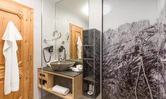 A modern bathroom with a glass shower cabin and a large, round sink. On the wall, there is an impressive mountain motif.