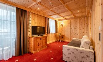 A cozy living room with wood paneling and a red carpet. There is a sofa, a TV, and large windows that let in natural light.