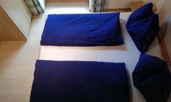 A simple room with two blue beds and pillows. The windows are open and let light in.