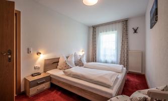 A cozy bedroom with two beds, a window, and a red carpet. The walls are light, and there is modern lighting as well as a small nightstand.