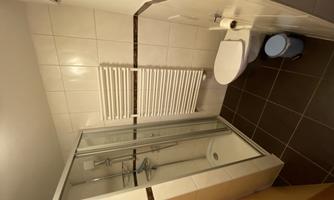 A modern bathroom with a shower and a toilet. The walls are tiled and there is a towel radiator.