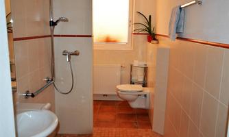 A modern bathroom with a shower, toilet, and a sink. Bright tiles and a window create a friendly atmosphere.