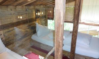 A cozy wooden-style accommodation with two beds. Large windows provide a view of nature.