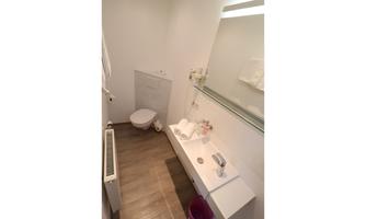 A modern bathroom with a toilet area and a washbasin. The walls are light and the floor is made of wood.