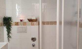 A modern bathroom with a shower and a toilet. The walls are light tiled, and there is a plant as well as decorative elements.