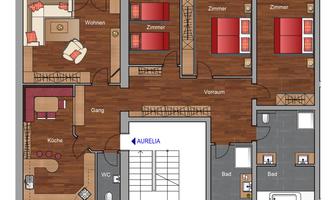 A floor plan of an apartment with multiple rooms. The areas are clearly delineated, including living room, kitchen, and bathroom.