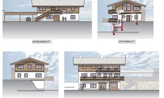 An architectural depiction of a house with four views: north, east, west, and south. The building features traditional alpine elements and a cozy style.