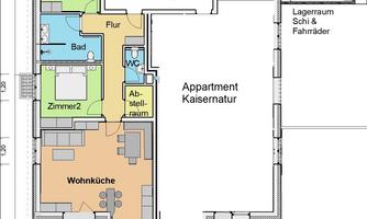A floor plan of an apartment with different rooms. The areas visible are the living room, bedroom, bathroom, and a terrace.