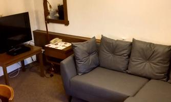 A cozy living area with a gray sofa, a television, and a table. The room is bright and friendly designed.