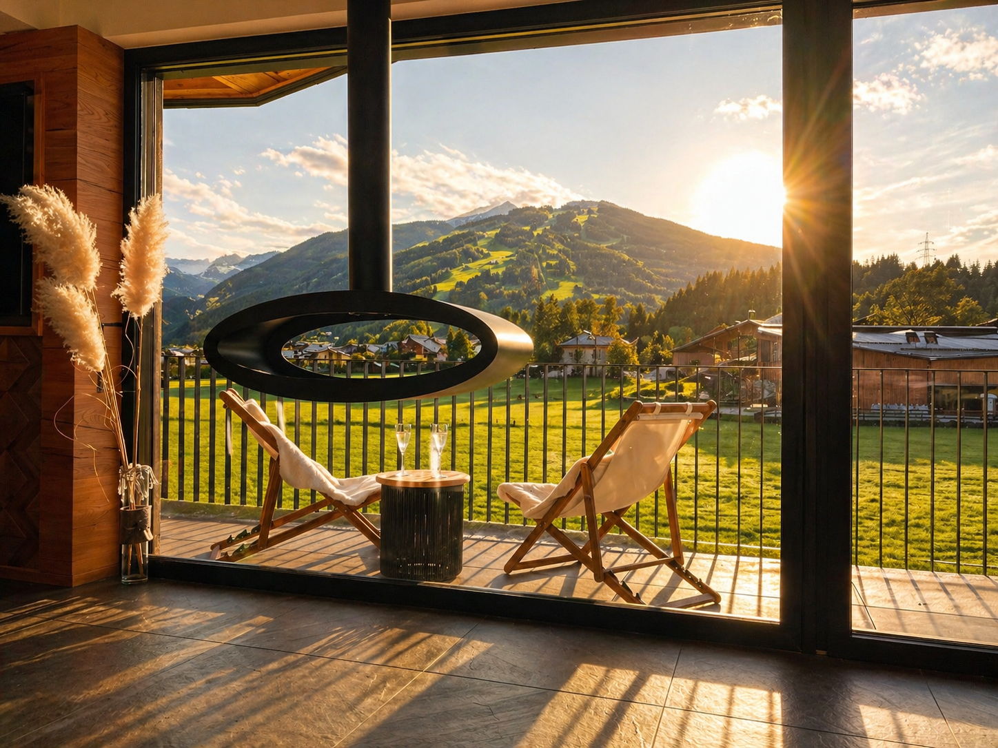 AlpenSkySuiteFlachau_Wohnbereich_Aussicht_Sonnenun