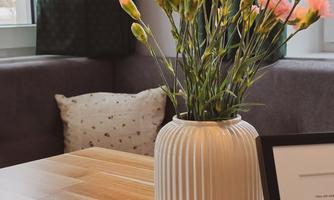 A vase with pink carnations is on a wooden table. In the background, green curtains and a cushioned seating area can be seen.