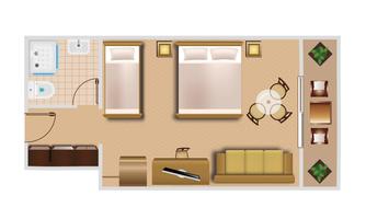 A graphic representation of a room with a double bed, a single bed, a sofa bed, and a bathroom. The decor is designed to be modern and functional.