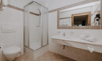 A modern bathroom with a shower cabin and a large mirror.
