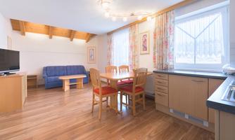 A cozy living unit with a dining area and a double couch as a sleeper sofa. In the living-sleeping area, there is a TV and a kitchen.