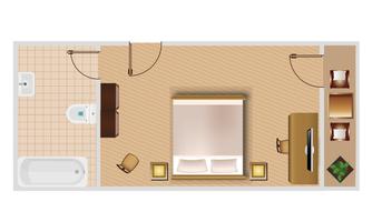 A drawn floor plan of a room with a double bed, a desk, and a television. The bathroom is separate with a bathtub.