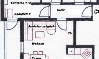 A floor plan of an apartment with two bedrooms, a living/sleeping room, a kitchen, a bathroom, and a balcony.