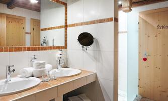 The stylishly furnished bathroom combines modern functionality with cozy alpine charm. The amenities include a double sink, a modern shower enclosure, as well as a cosmetic mirror and a hairdryer. This bathroom offers a comfortable ambiance for relaxing moments of well-being. The toilet is separate.