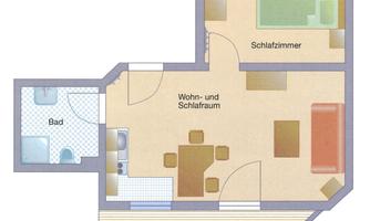 An apartment with one bedroom, a living and sleeping area, and a balcony. The bathroom is separate and well-designed.
