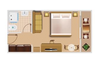 A schematic representation of a room with a bed and sofa. In the background, the bathroom and furniture are arranged.