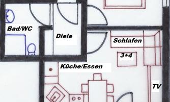A sketchy floor plan drawing of an apartment. It shows rooms such as bedroom, kitchen, bathroom, and balcony.