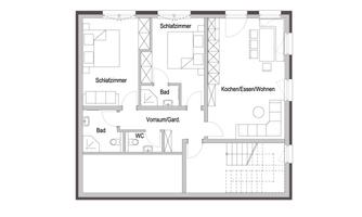 A clear floor plan of an apartment. It shows the arrangement of bedrooms, bathrooms, and a living and dining area.