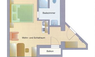 A plan for the apartment shows a living and sleeping area, a bathroom, and a terrace.
